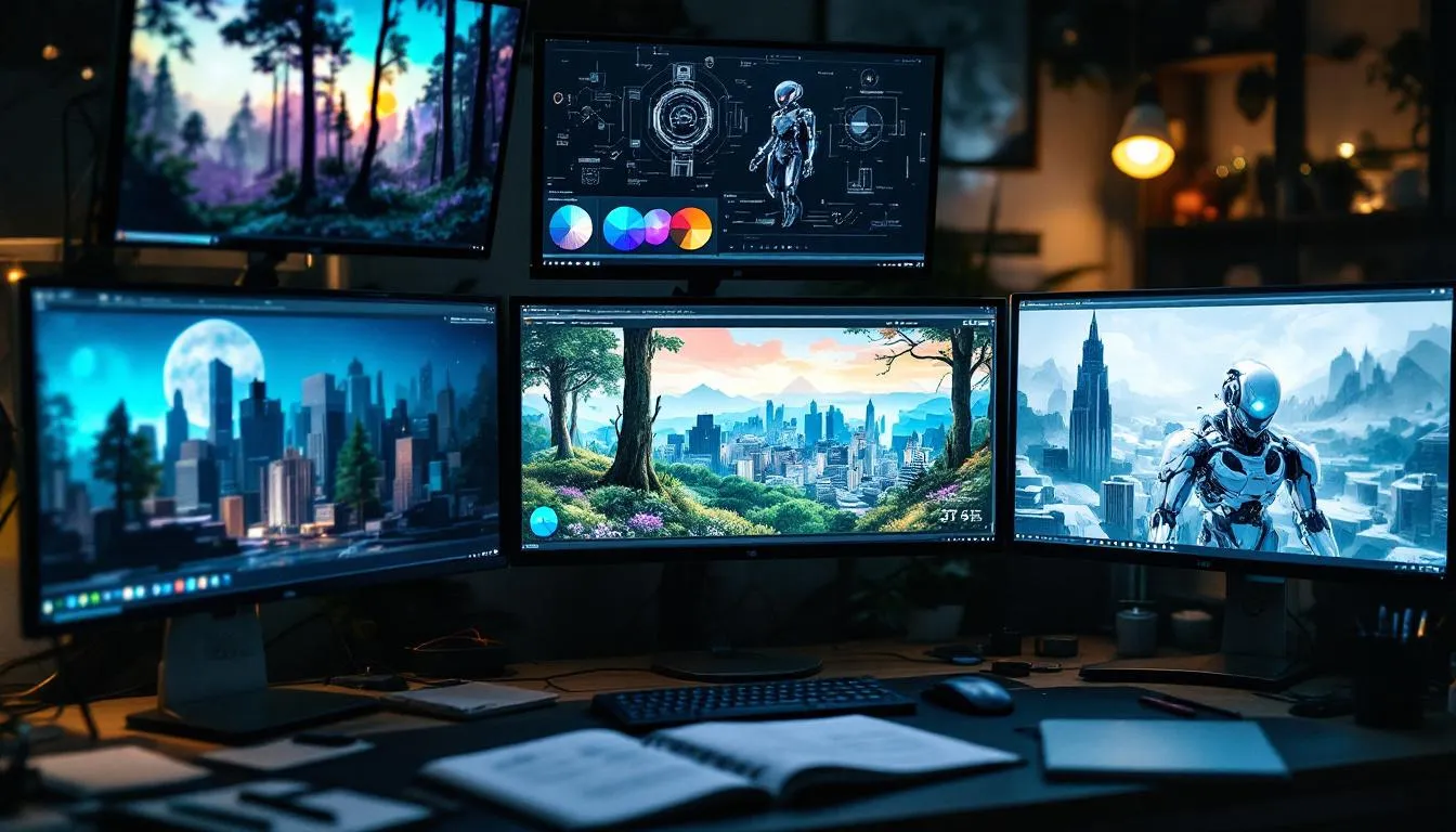 In this creative workspace, various AI-generated images showcase a range of artistic styles, highlighting the capabilities of advanced AI image editing tools. The vibrant collection demonstrates the power of AI image generators and editing features, perfect for both professional photographers and casual users.