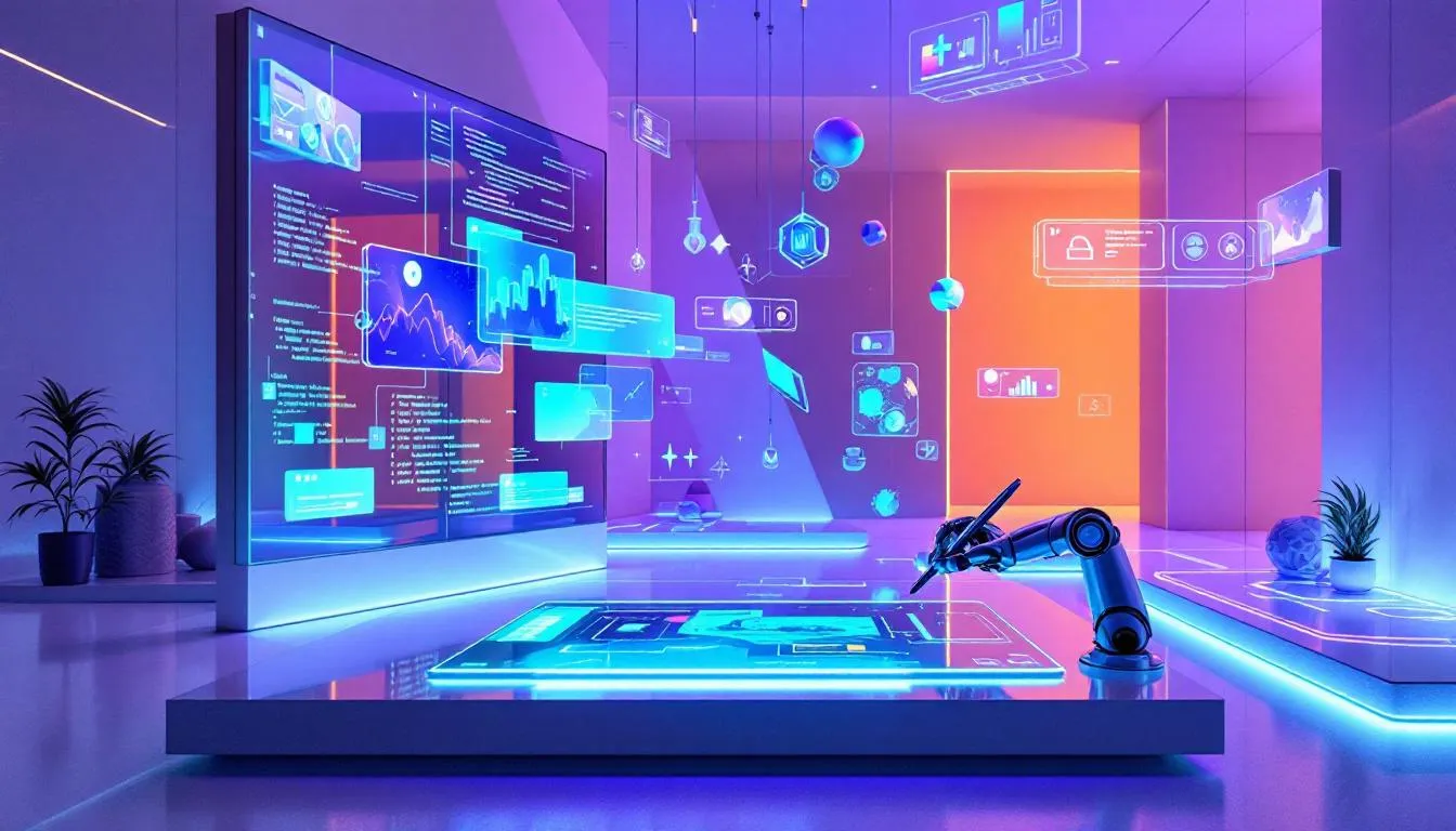 In the image, a futuristic digital art studio is depicted, featuring advanced AI-powered creative tools and holographic displays that showcase vibrant digital artworks. The environment is sleek and modern, emphasizing the integration of AI image editing features and innovative photo editing tools for artists and designers.