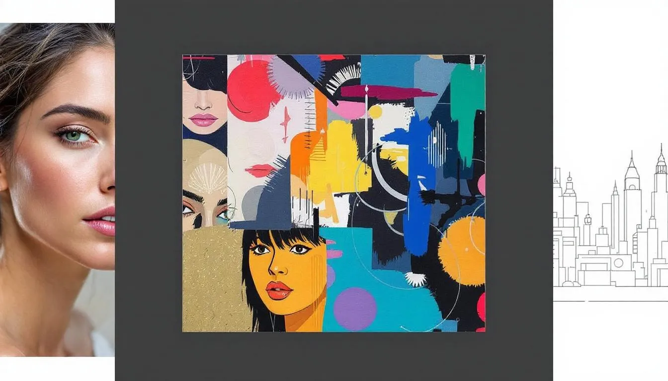 A vibrant collage showcases various artistic styles created with AI art generators, featuring a mix of colors and textures that highlight the diversity of AI-generated images. Each section reflects unique art styles, illustrating the capabilities of different AI image generators in producing visually stunning content.