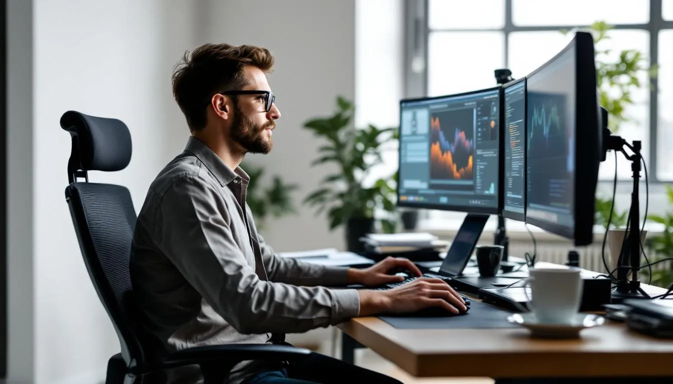 A professional designer is focused on using AI image generation tools on a sleek, modern computer setup, showcasing advanced editing capabilities and a user-friendly interface. The scene highlights the integration of AI-powered features in photo editing, demonstrating the ease of creating high-quality images with just a few clicks.