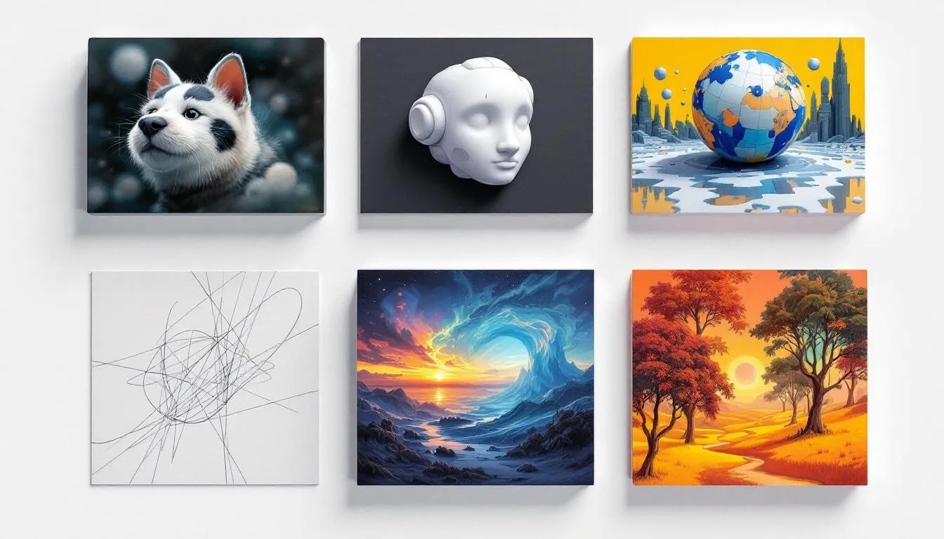 Four AI-generated images showcase a variety of artistic styles from different AI art generators, highlighting the unique qualities and techniques of each generator. The comparison includes photorealistic images, abstract art, and imaginative scenes, illustrating the diverse possibilities in AI image generation.