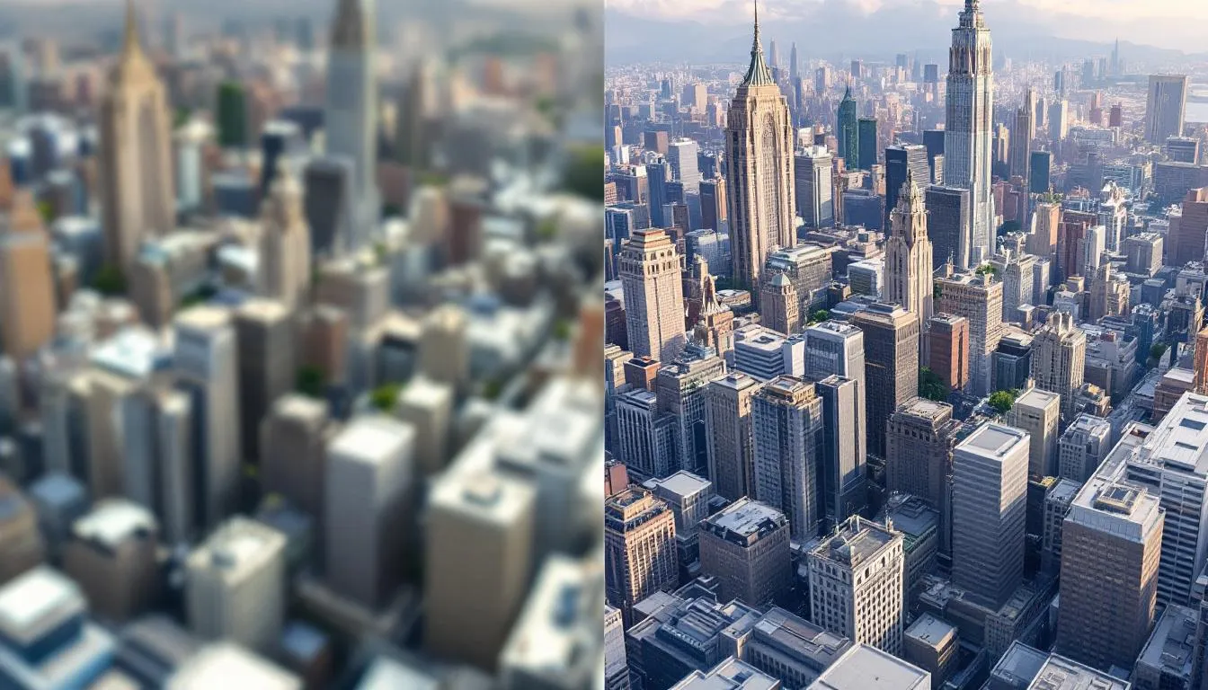 Before and after comparison showcasing the enhanced quality of AI-generated images, illustrating the significant improvement in detail and realism achieved through advanced AI image generators. The left side displays a lower quality version, while the right side features a photorealistic image, highlighting the capabilities of the best AI image generator.
