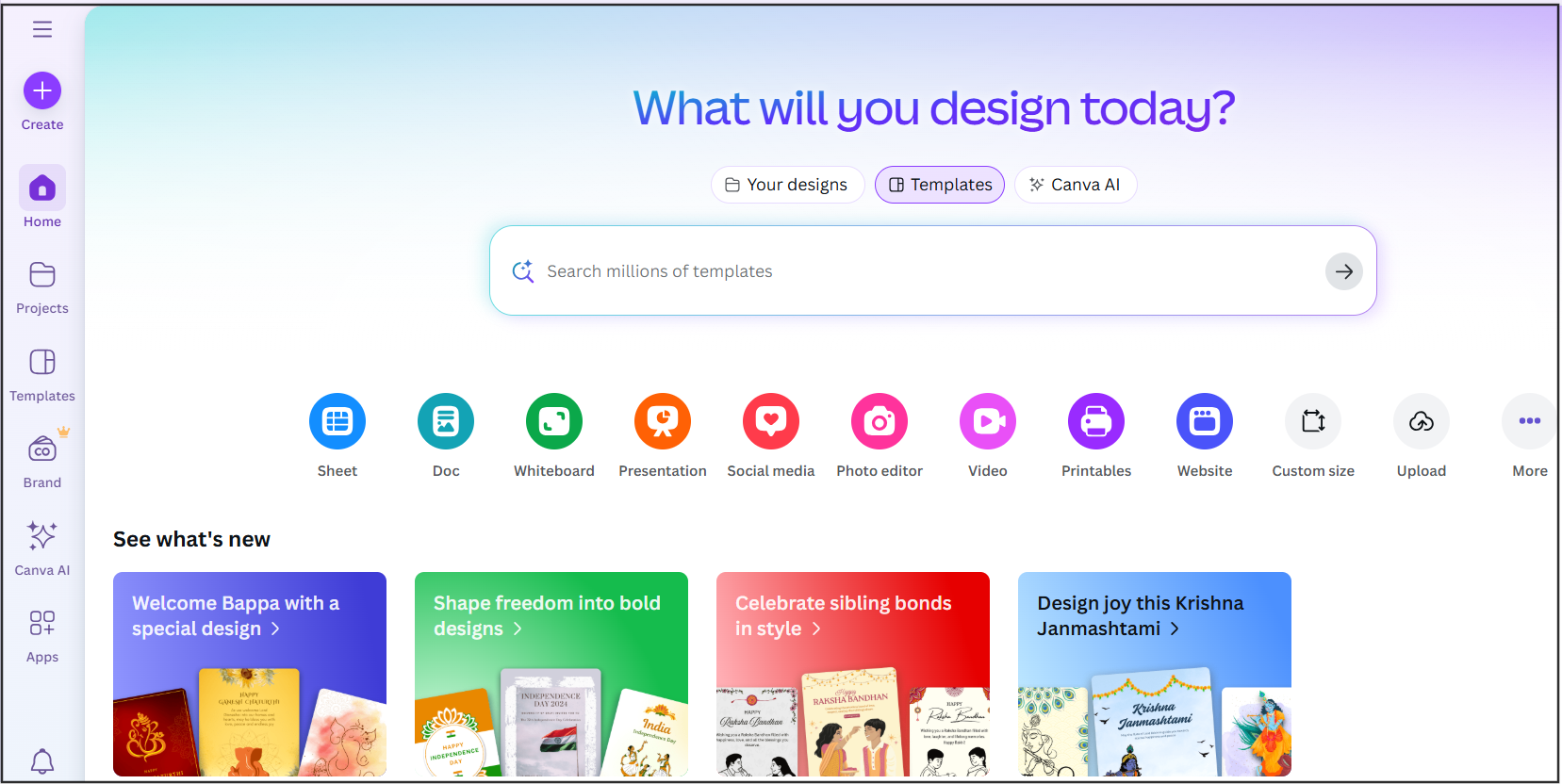 screenshot of Canva online design platform showcasing templates, stock assets, and tools for creating graphics, presentations, videos, and social media content.