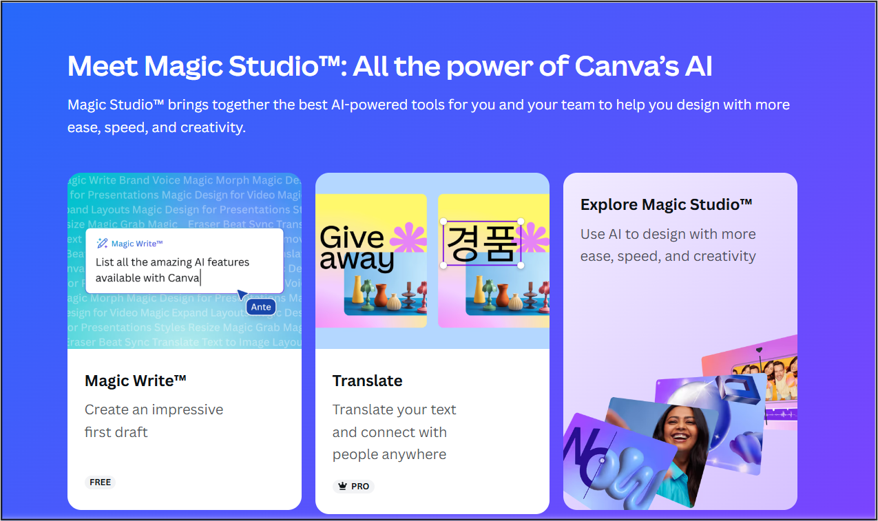 screenshot of Canva Magic Studio AI tools including image generation and voiceovers