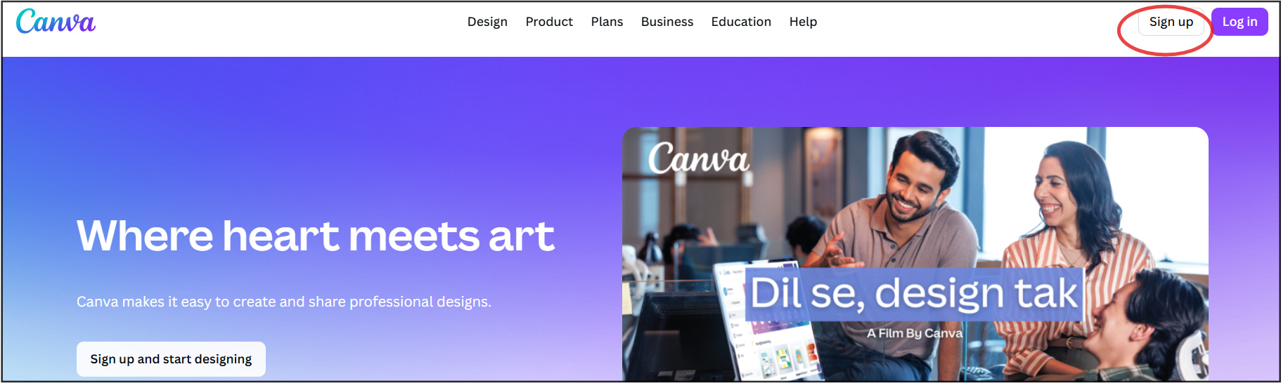screenshot of Sign up or log in to Canva account to start designing or upload presentations and graphics