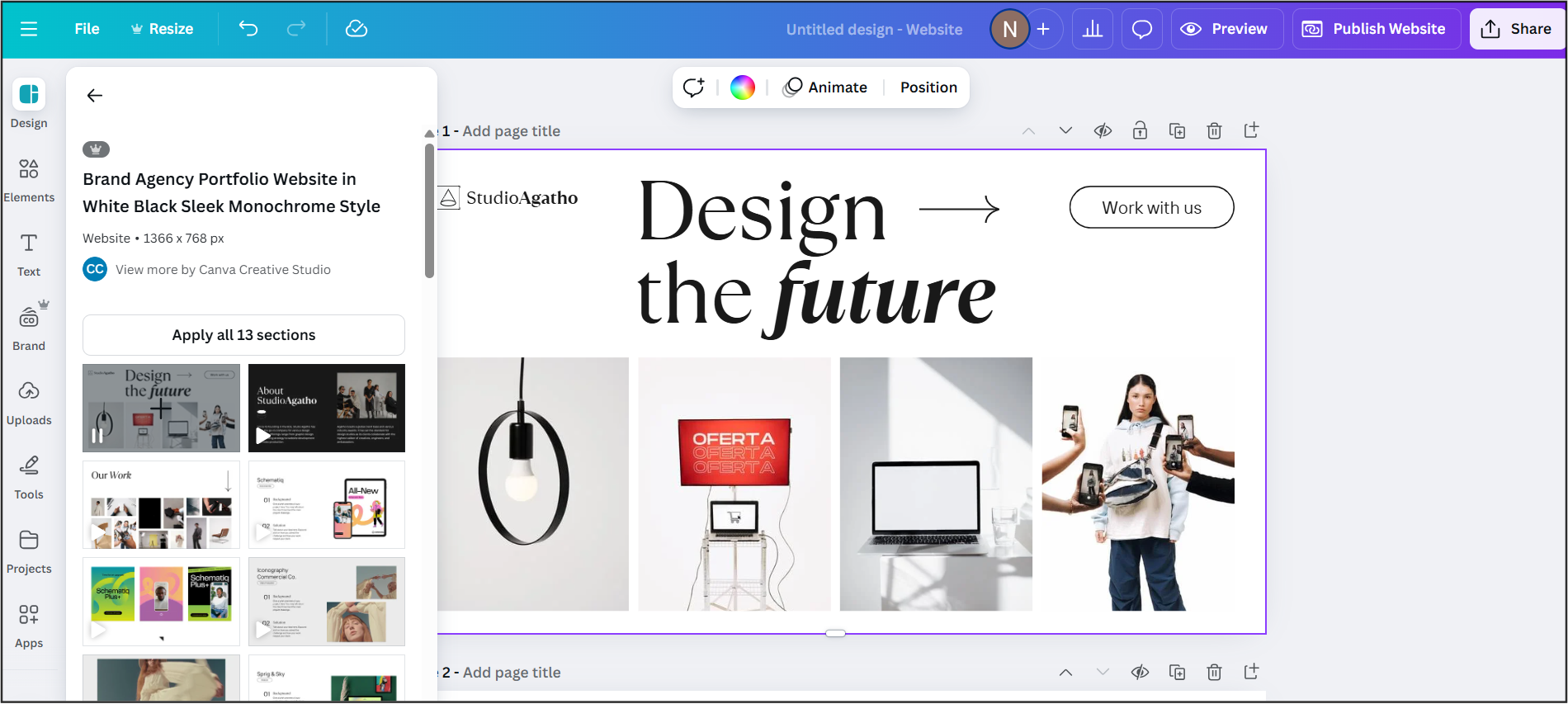 Screenshot showing Canva one-page website builder for simple brochure-style sites