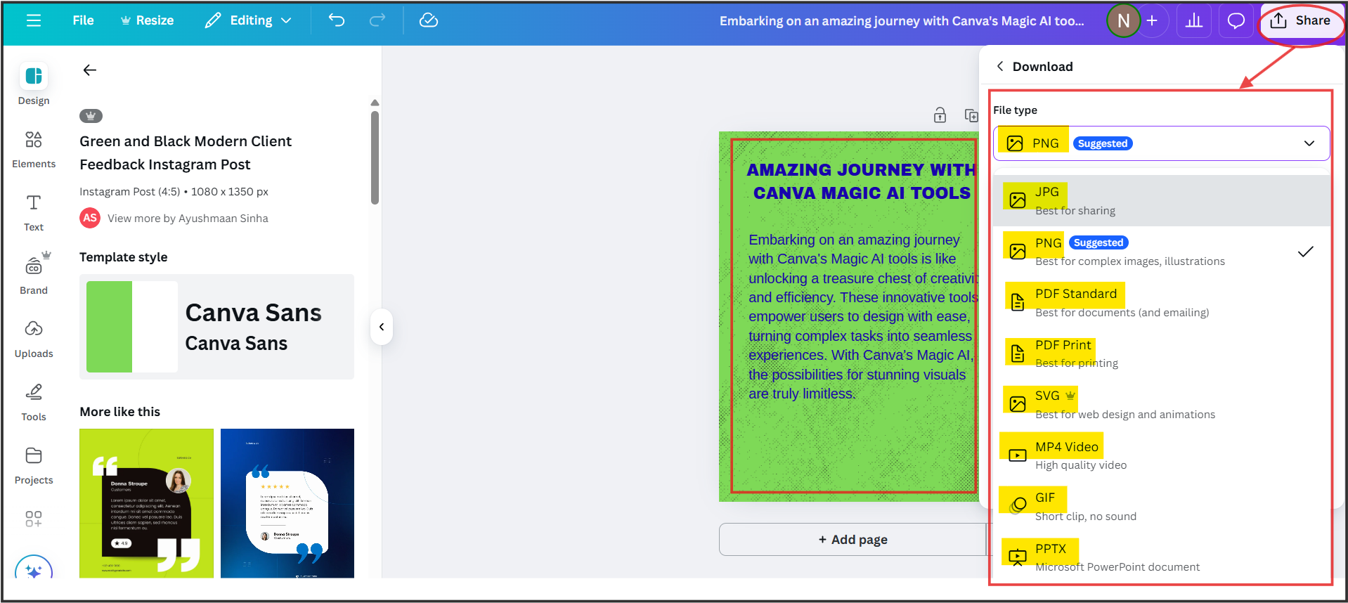scfreenshot of Canva download options include PNG, JPG, PDF, MP4, and GIF for easy saving of designs and videos.