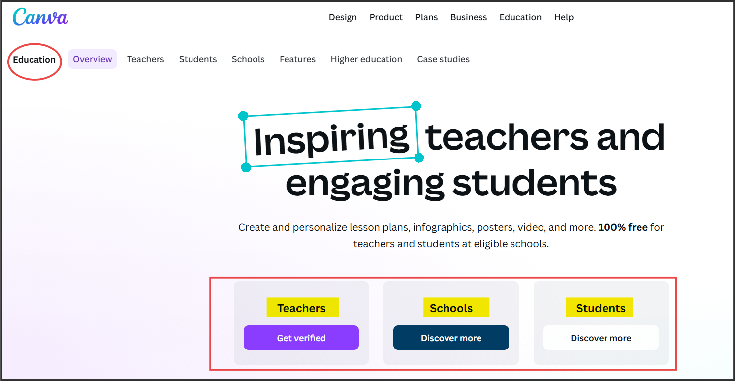screenshot of Canva Education which offers free design tools and resources for teachers and studentsand school to create engaging classroom content.