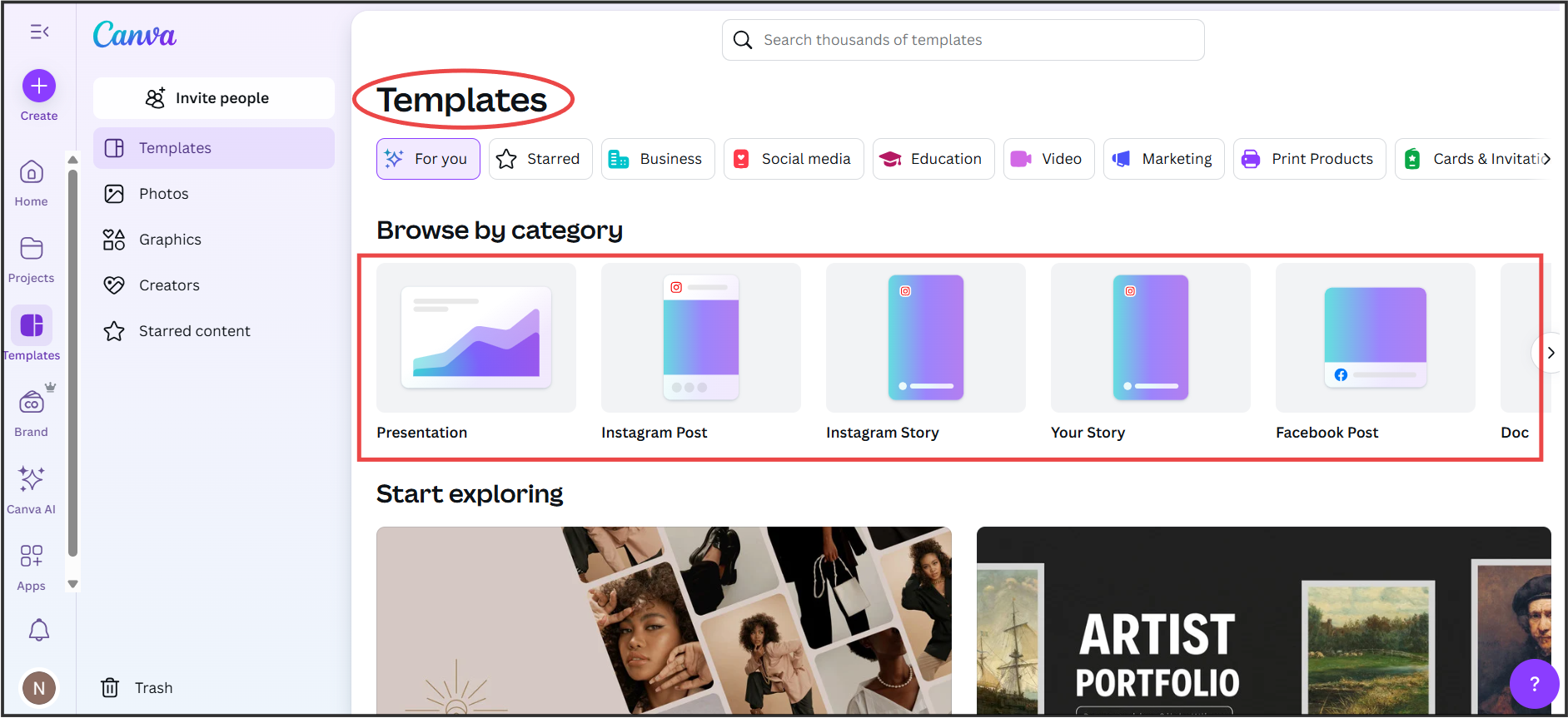 screenshot of Canva design templates covering Instagram stories, YouTube thumbnails, resumes, presentations, posters, and more creative projects