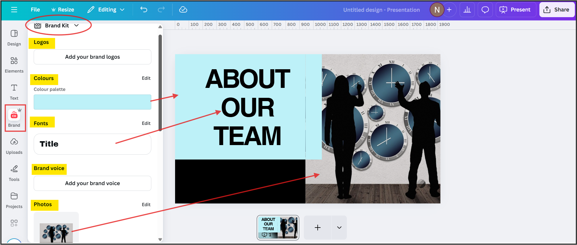 screenshot of Canva brand kit feature allows users to upload and save brand colors, logos, and fonts for consistent design across all projects without re-uploading or searching hex codes