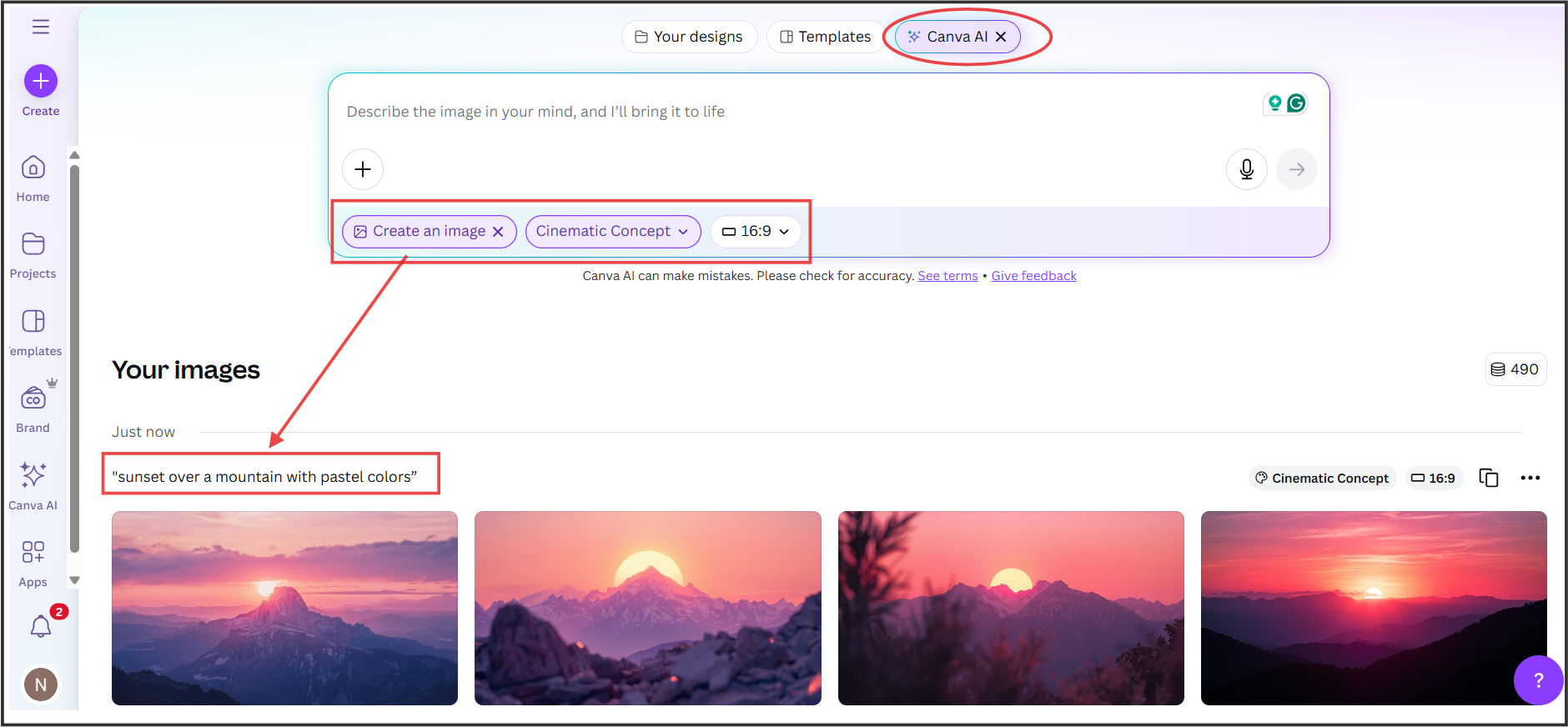 Screenshot of Canva Magic Media that turns text prompts into images, videos, and other creative content using AI.