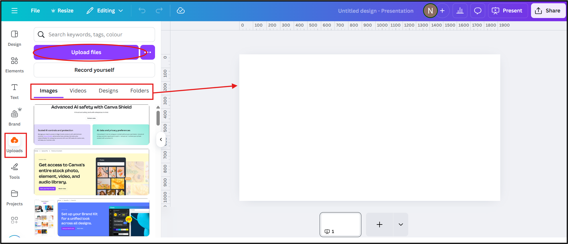 Screenshot showing importing personal images, videos, Designs, folders