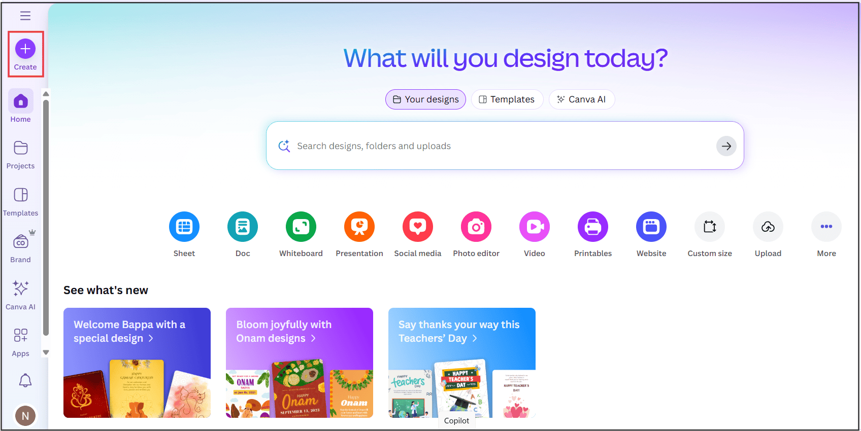 Screenshot showing Click Create a design button on Canva homepage to upload and edit PowerPoint file