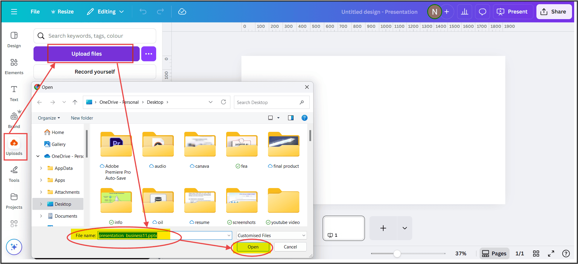 Screenshot showing Click Upload tab in Canva editor to import a PowerPoint presentation file