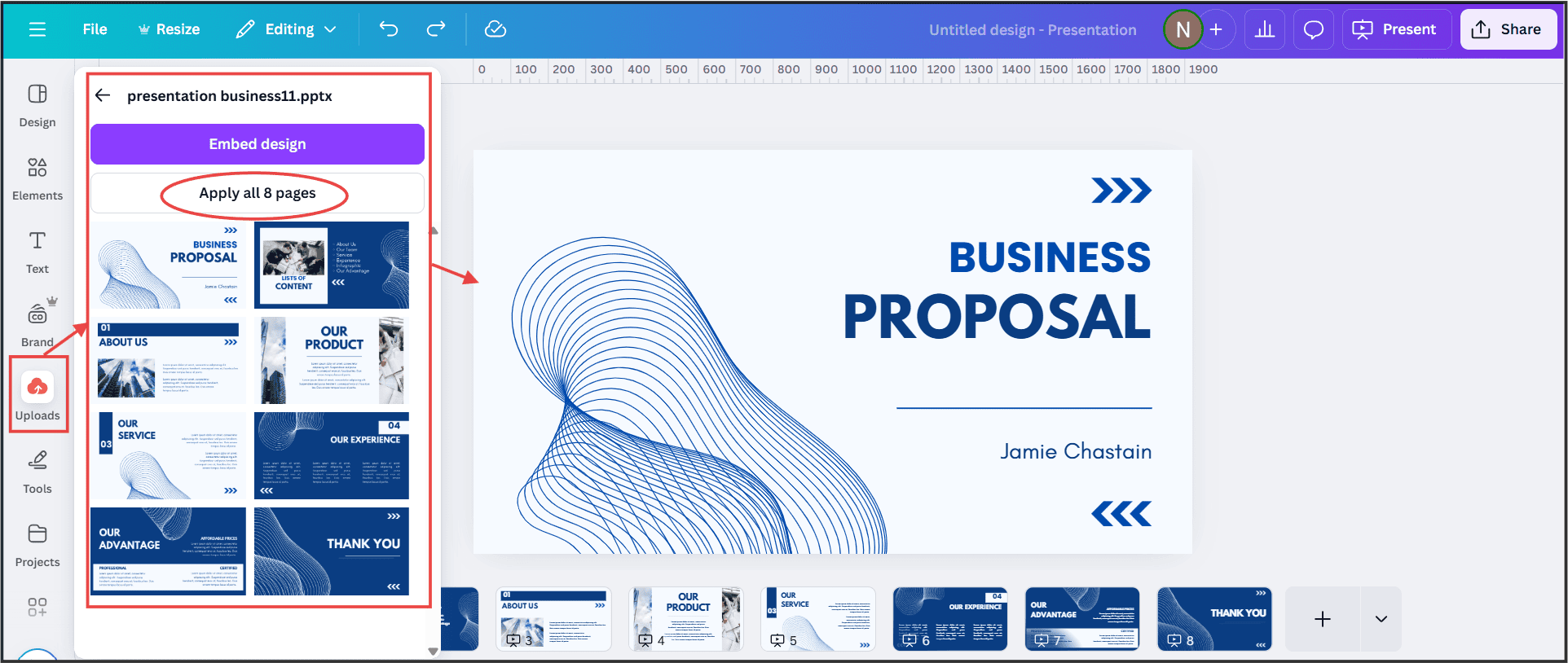 Screenshot showing Drag and drop PowerPoint file into Canva upload area or select from computer