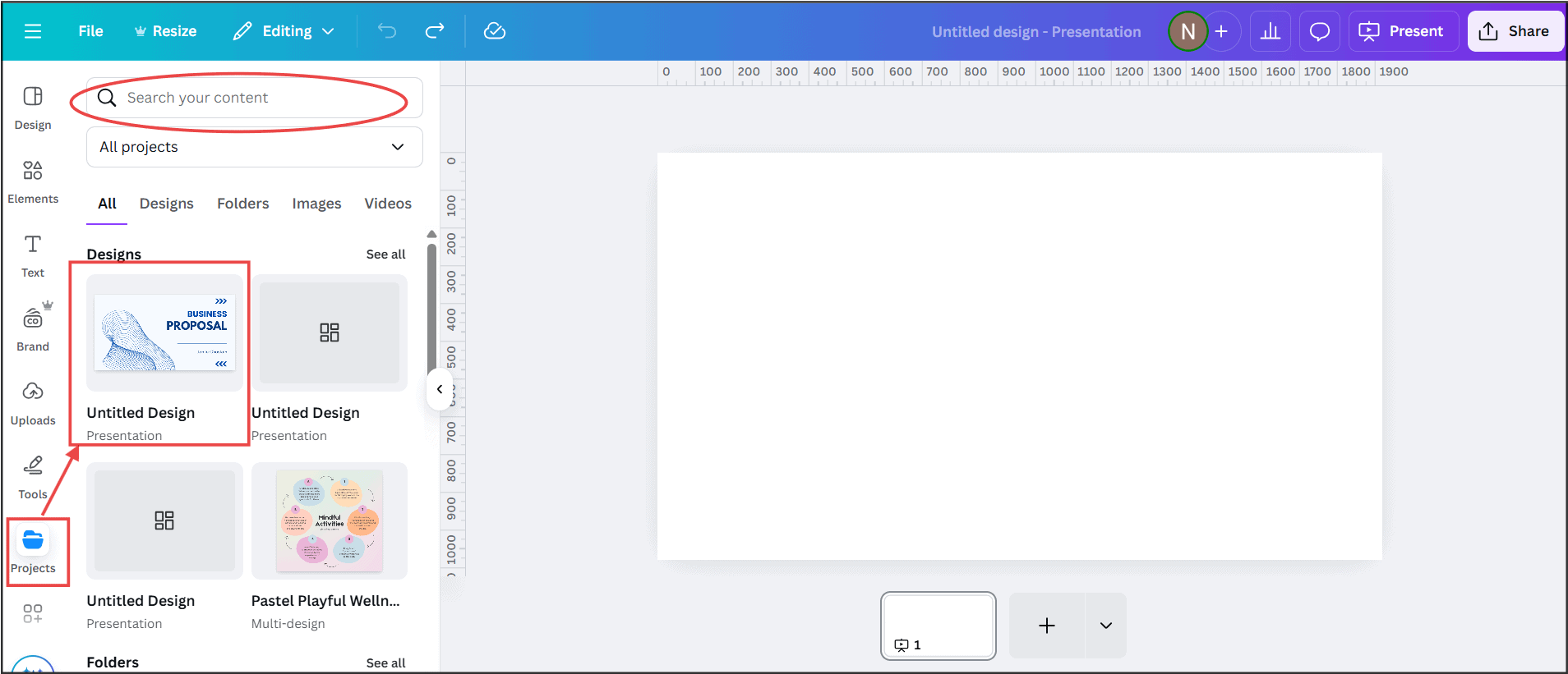 Screenshot showing Canva dashboard showing Projects section with uploaded PowerPoint files and recent designs