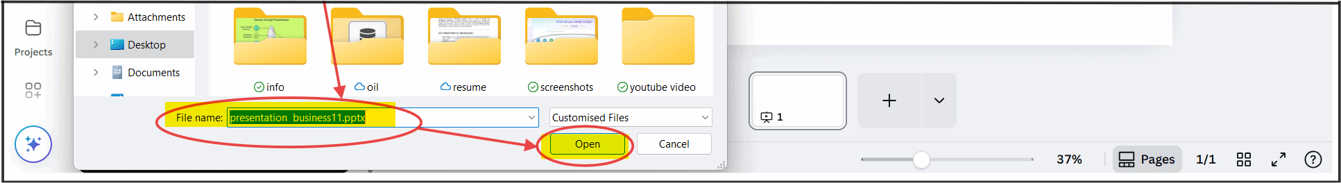 Screenshot showing that Canva supports PPT and PPTX file uploads for easy PowerPoint presentation import