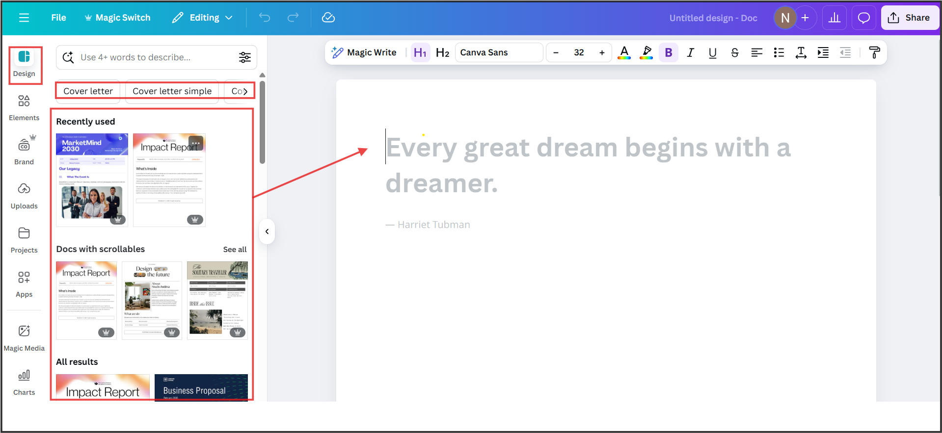 Screenshot of a Canva document with customizable templates of reports, resume and letter  with  fonts, drag-and-drop design tools and editing options visible on the interface